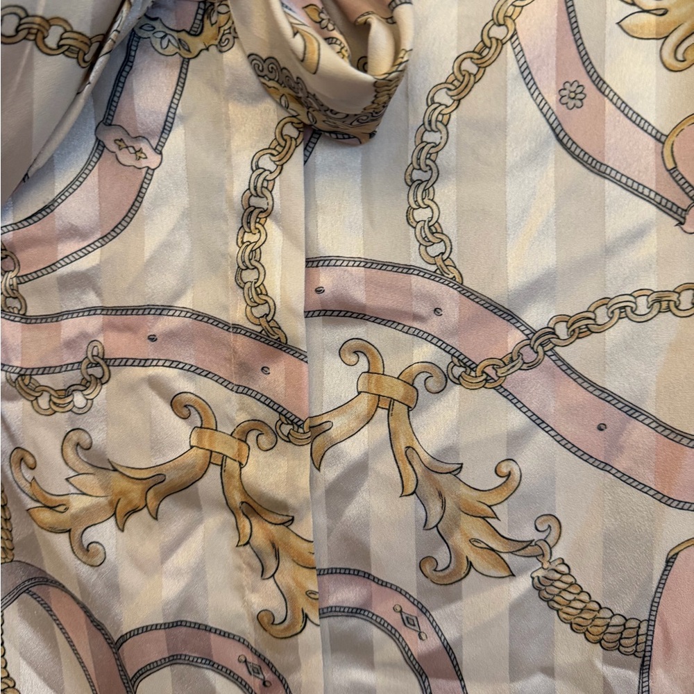 Vintage Evan Picone Cream Satin Tie-Neck Blouse with Pink & Gold Chain Print - Picture 7 of 10